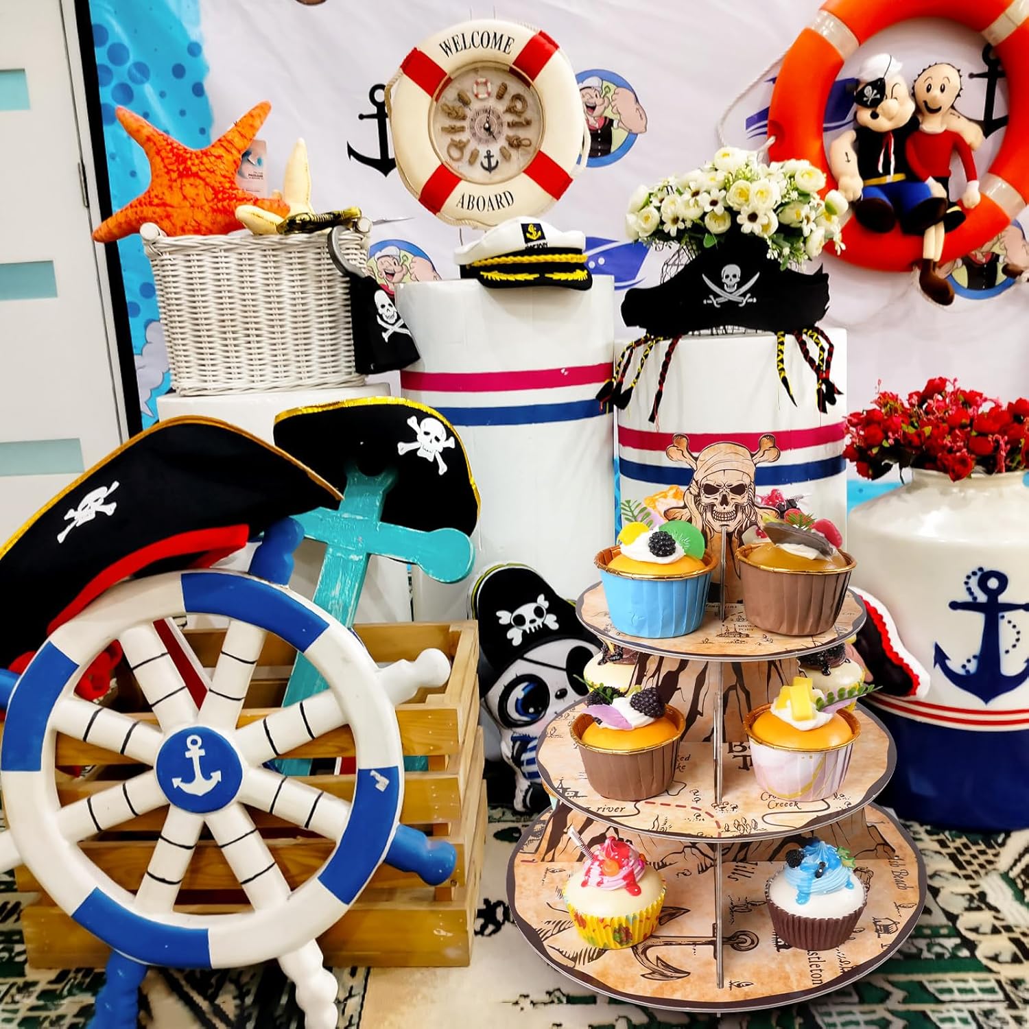 Pirate Cupcake Stand 3-Tier Treasure Map Cupcake Tower for Pirate Birthday Party Supplies and Decorations